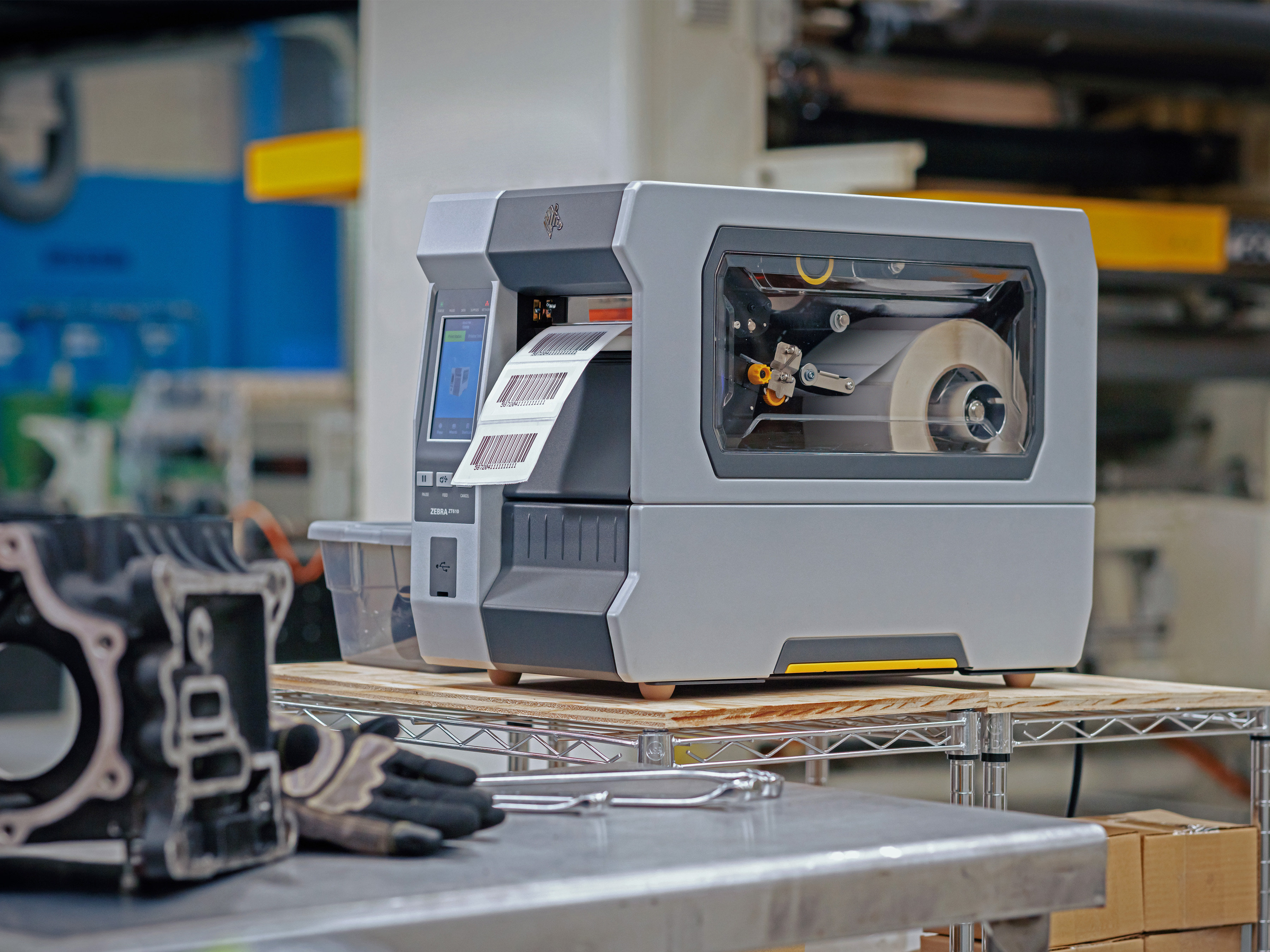 Zebra industrial label printer in warehouse setup